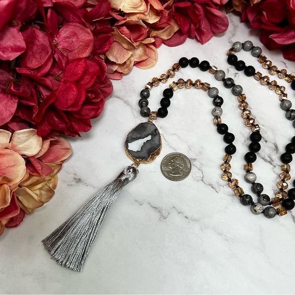 Natural Stone Necklace with Gold Dipped Gray Agate Geode Druzy Pendant & Tassel - Picture 14 of 16